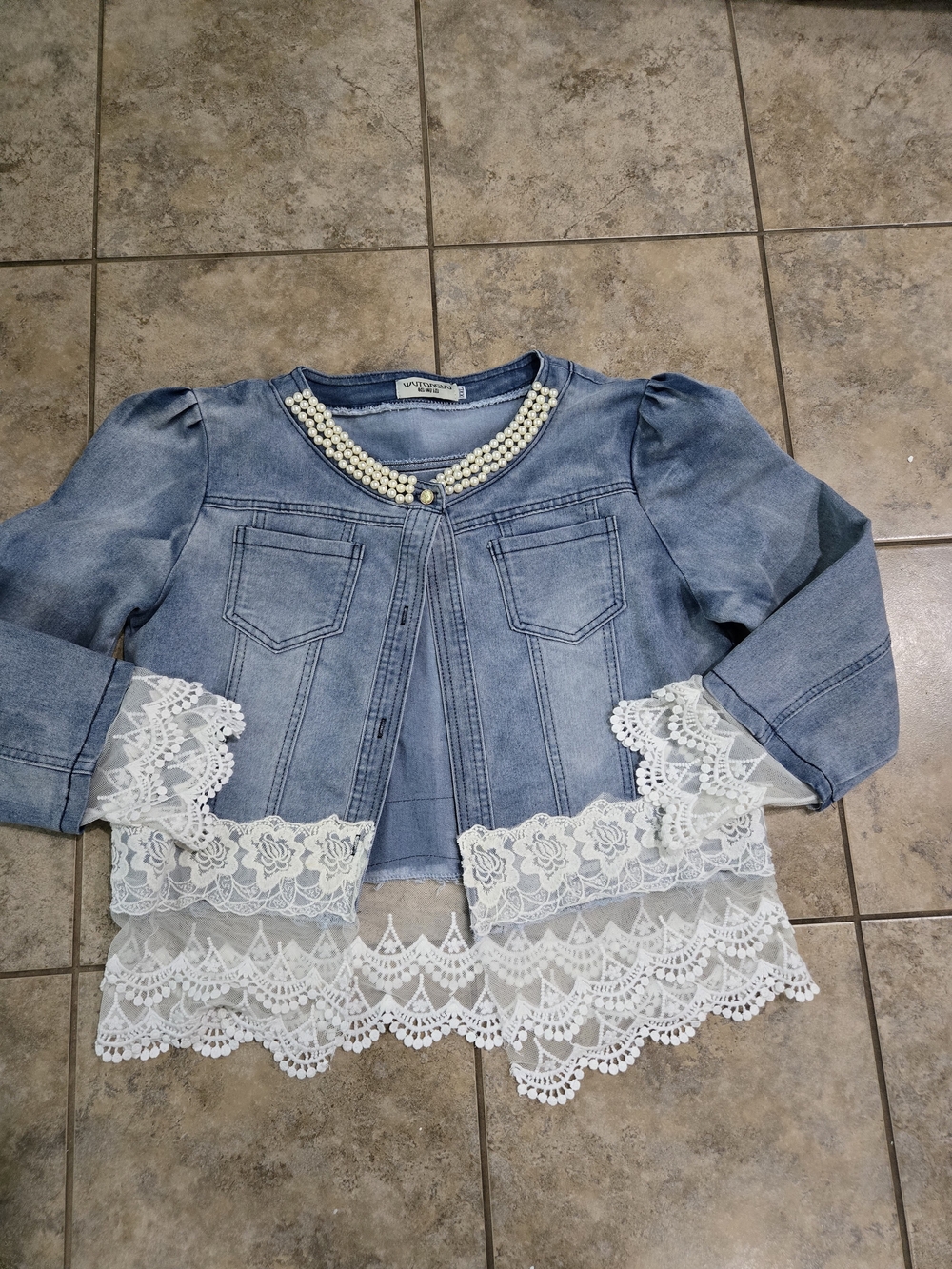 Embellished Light Blue Denim Jacket with Lace Trim